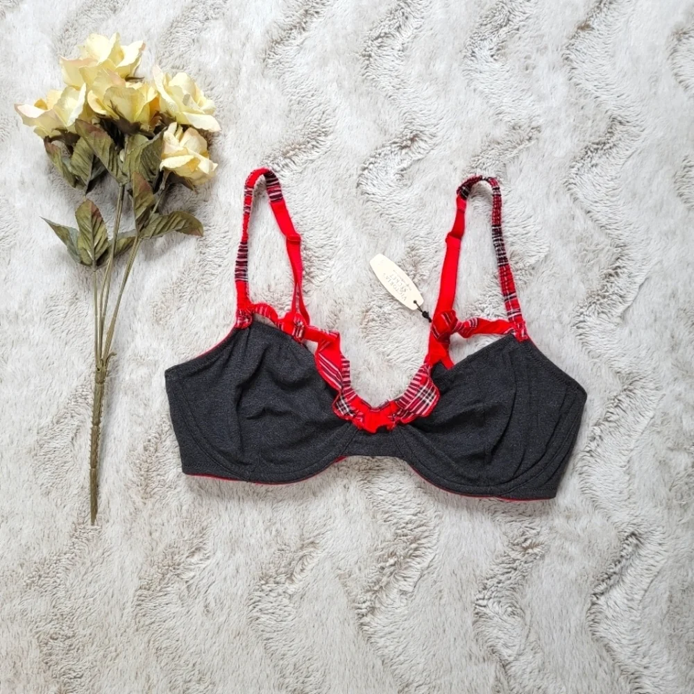 Victoria's Secret Gray Red Plaid Trim Bells Accent Unlined Demi Bra NWT Size 36D